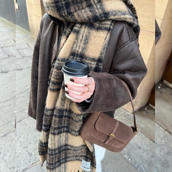 TOTEME oversized fuzzy knit brushed plaid mohair-blend scarf, beige black - Picture 4 of 8